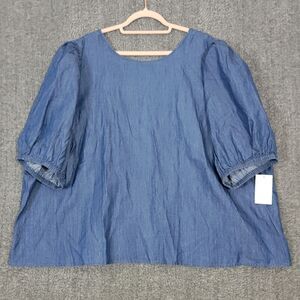 ELOQUII Blouse Womens 28 Blue Chambray Puff Sleeve Scoop Back Shirt Top